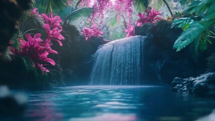 Wall Mural - explore a stunning tropical oasis featuring a tranquil waterfall and colorful flora. perfect for pro