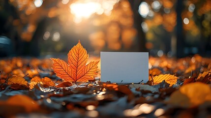 Wall Mural - autumn leaves surrounding a white gift card in soft sunlight