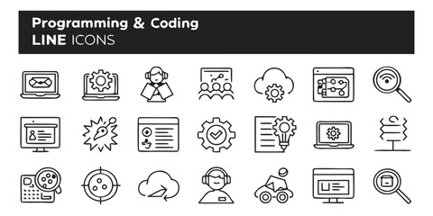 Vector art of programming and coding line icons set for software development isolated on white background
