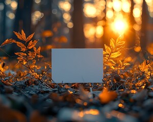 Wall Mural - autumn leaves backdrop with blank card and golden sunrise