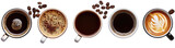 Variety of coffee drinks in white cups