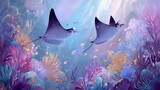 Manta rays glide gracefully through coral reef ecosystem, underwater