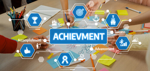 Poster - A vibrant workspace showcases teamwork and achievement concepts with hands reaching for icons symbolizing success, goals, and innovation on colorful notes. Amity