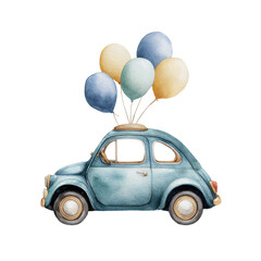  Vintage car with pastel balloons.  A light teal-blue vintage car floats with pastel balloons, a whimsical scene