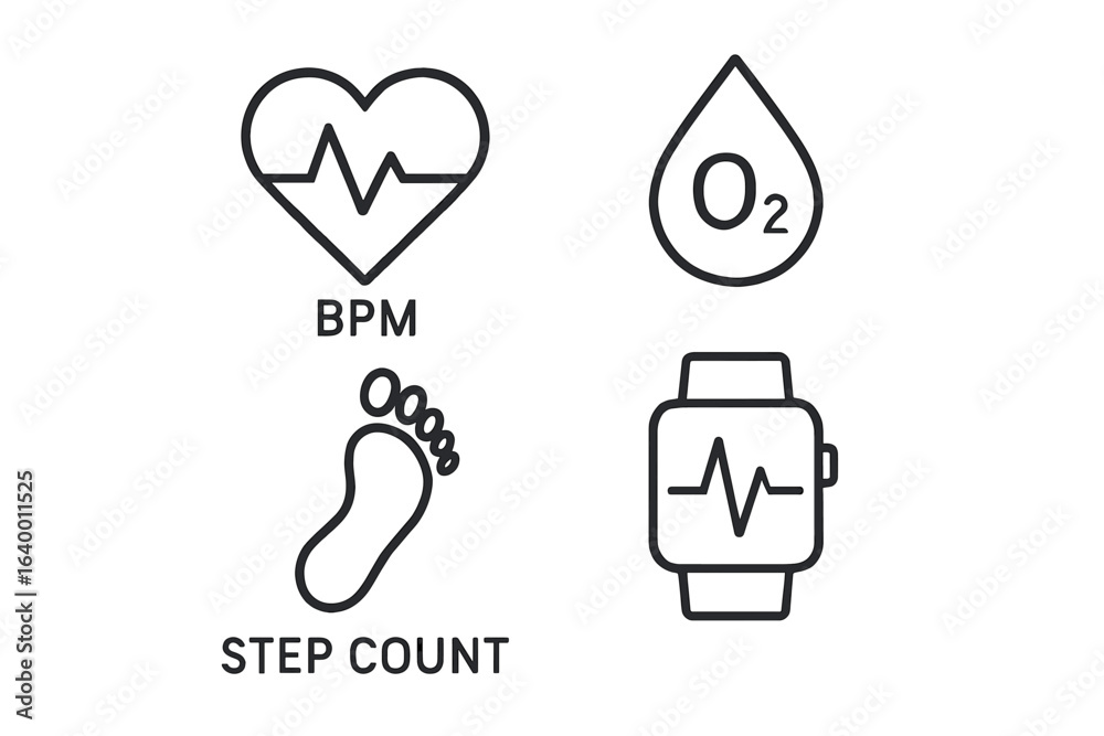Cardiac Stander Heart rate monitor smartwatch with oxygen and step count icons Stock ...