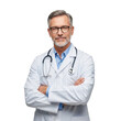 © sujon1638 - Experienced confident middle aged male doctor wearing glasses and lab coat with stethoscope arms crossed isolated on transparent background