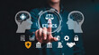 © MdSona - Person touching a digital interface displaying scales of justice and the word ethics surrounded by icons