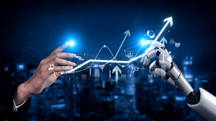 Poster - AI artificial intelligence powers business growth with predictive planning tools, innovation roadmaps, and smart virtual assistants to guide success by 2025. Vouch