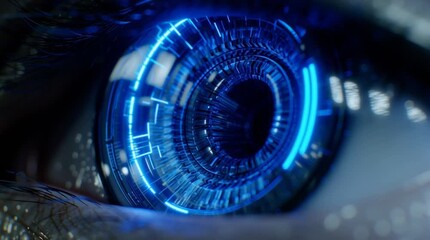 Wall Mural - Extreme close-up of the intricate glowing blue eye of a futuristic robot, revealing fine mechanical details, circuitry patterns, and luminous reflections in high resolution.
