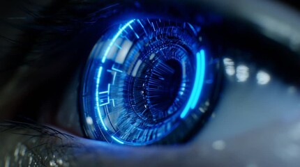 Wall Mural - Extreme close-up of the intricate glowing blue eye of a futuristic robot, revealing fine mechanical details, circuitry patterns, and luminous reflections in high resolution.
