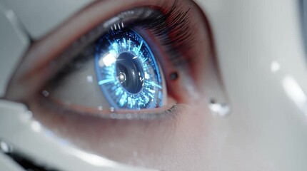 Wall Mural - Extreme close-up of the intricate glowing blue eye of a futuristic robot, revealing fine mechanical details, circuitry patterns, and luminous reflections in high resolution.
