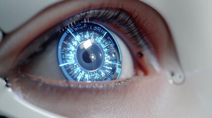 Wall Mural - Extreme close-up of the intricate glowing blue eye of a futuristic robot, revealing fine mechanical details, circuitry patterns, and luminous reflections in high resolution.
