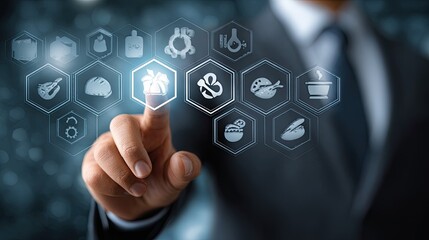 Man selecting food icon on digital interface.