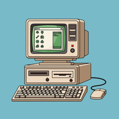 Vintage computer with monitor keyboard and mouse on blue background.