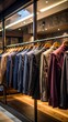 © Kusumo - Suits hanging on wooden hangers in a clothing store.