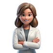© 3D render png - 3d cartoon woman scientist with arms crossed isolated on transparent background