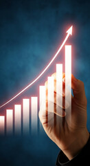 Wall Mural - hand drawing upward trending bar graph on dark blue background, symbolizing growth, success, and pos