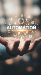Wall Mural - hand holding digital automation network, showcasing time management, efficiency, and interconnected 