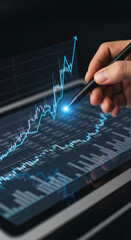 Wall Mural - close-up of hand using stylus on tablet displaying financial chart, upward trend line highlighted, s
