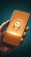 Wall Mural - hand holding smartphone displaying ai humanoid graphic, orange background, symbolizes artificial int