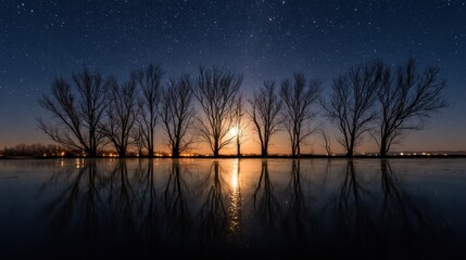 Wall Mural - A dark night sky with a full moon and stars. The moon is reflecting on the water. The trees are bare and the sky is clear