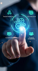 Wall Mural - hand on digital interface: process optimization, data visualization, team management, automated docu
