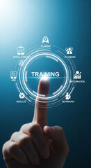 Finger interacts with digital interface showing training process stages: initial concept, planning, implementation, teamwork, results.  Represents business training, development, and progress.