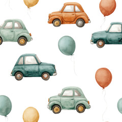  Retro cars and balloons, repeating pattern.  Soft pastel colors.  Watercolor effect.  Kids design