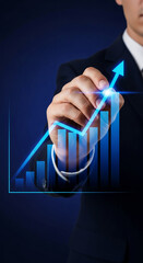 Wall Mural - hand drawing upward trending blue graph on dark background, symbolizing business growth, success, an