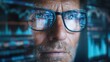 © mila103 - A man wearing glasses is looking at a computer screen with a lot of numbers and graphs. Concept of focus and concentration as the man studies the data