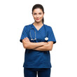 © Sobuj - Confident female medical professional wearing blue scrubs and stethoscope with arms crossed isolated on transparent background