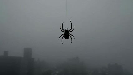a spider hangs from a thread against a foggy background with buildings in the distance view scene