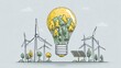 © mila103 - A drawing of a light bulb surrounded by windmills and trees. The drawing conveys the idea of renewable energy and the importance of protecting the environment