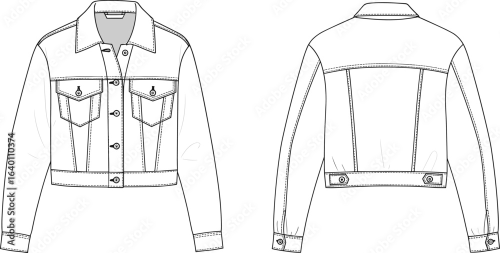 Technical fashion flat sketch of cropped denim jacket with front and ...