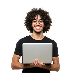 a smiling young man with curly hair and glasses holds a silver laptop computer presenting it forward