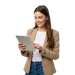 © Shahnaj - Smiling young woman in a tan blazer and blue jeans holding and interacting with a tablet device isolated on transparent background