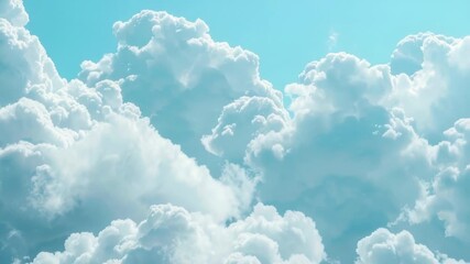 Wall Mural - a plane flies through cloudy skies with fluffy white clouds and blue background