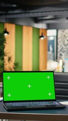 Poster - Vertical Video Quiet corporate workspace features digital copy space on laptop, business documents staged for analyzing performance indicators. Planning objectives and driving enterprise success.