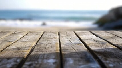 Wall Mural - A wooden table with a blurred beach scene in the background, ideal for travel or vacation-themed projects