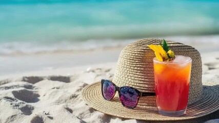 Wall Mural - a person enjoying a day at the beach with a straw hat, sunglasses, and a refreshing drink
