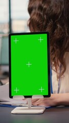 Poster - Vertical Video Businesswomen attend meeting in the office with a mockup display, briefing session for brainstorming development ideas and building a new strategy. Interactive visual planning. Camera B