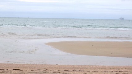 Wall Mural - Calm ocean waves gently rolling onto sandy beach under overcast sky