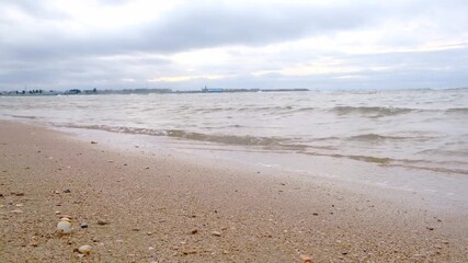 Wall Mural - Serene coastal waves meet sandy shore under overcast sky