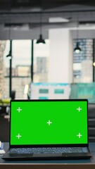 Poster - Vertical Video Contemporary business office equipped with a chroma key laptop screen, space ideal for forecasting, performance review and high level project planning in a corporate boardroom.