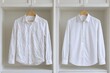 © Jafree - Comparison of a wrinkled white shirt and a neatly ironed white shirt hanging in a wardrobe. concept of before and after laundry, clothing care, wardrobe organization