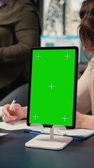 Poster - Vertical Video Business associates group using chroma key screen in modern office meeting, support digital planning and studying performance data reports. Strategic thinking and vision. Camera A.