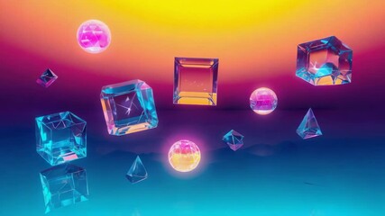 Wall Mural - floating abstract geometric shapes like cubes, spheres, and pyramids above a reflective surface, ill