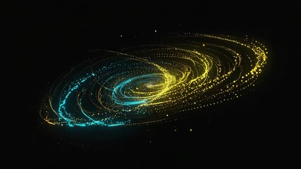 Wall Mural - golden and cyan particles are rotating, creating a mesmerizing spiral galaxy effect against a black 