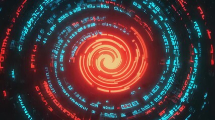 Wall Mural - glowing futuristic red and blue vortex spinning against a black background with alien glyphs, creati