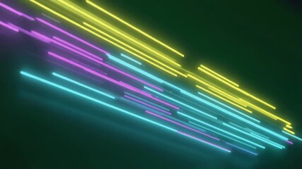 Wall Mural - bright neon lights in vibrant yellow, pink, and turquoise streak diagonally across a deep green back